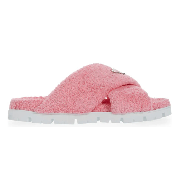 Prada Terry Pink Triangle Logo Criss Cross Strap Slide Sandal Flip Flop 40.5 - Picture 1 of 12